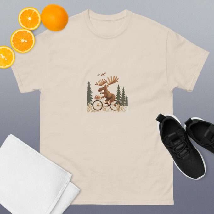 Moose riding a bicycle shirt Screen-printed unisex shirt Deer lover gift Bike-themed shirt