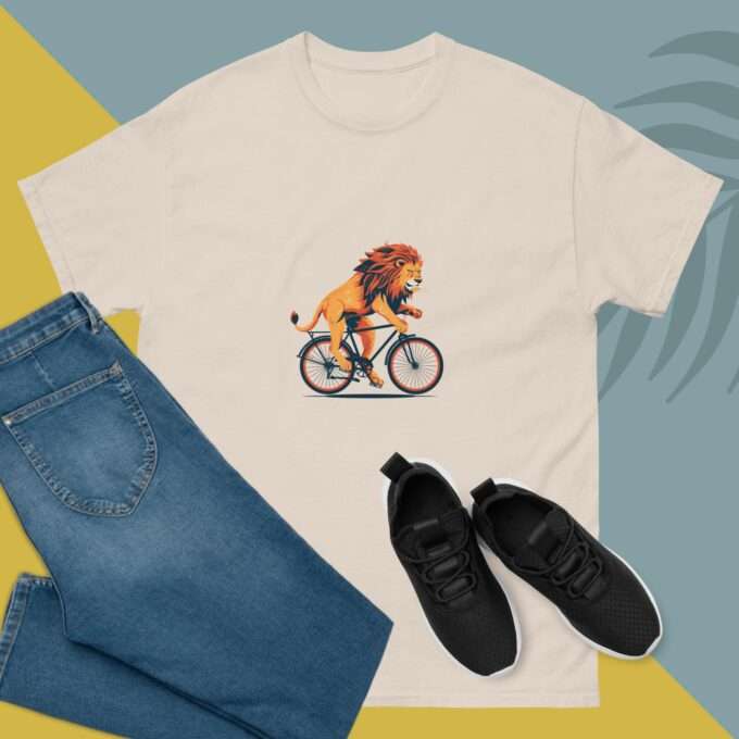 Lion riding a bicycle shirt Screen-printed unisex shirt Lion lover gift Bike-themed shirt