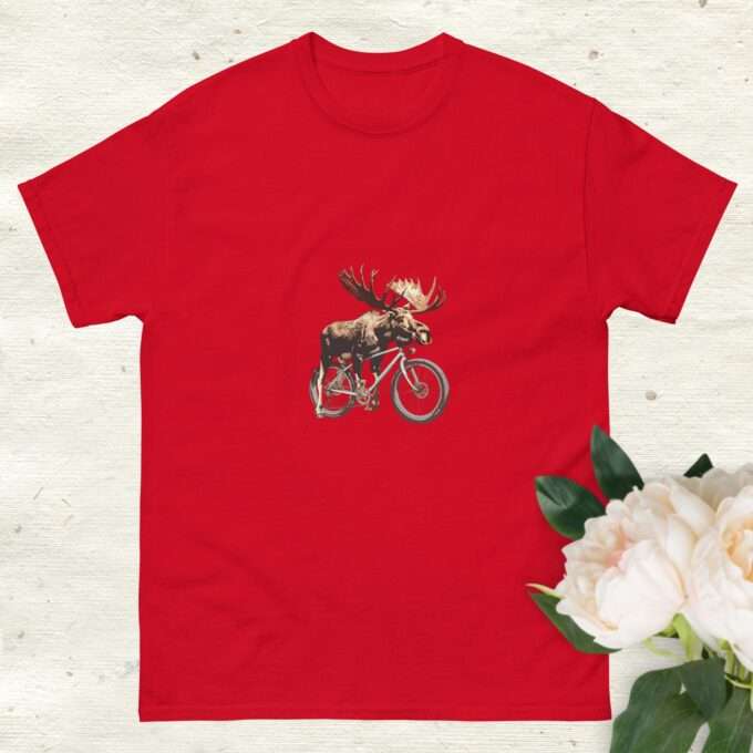 Moose lovers riding a bicycle shirt Screen-printed men’s unisex shirt Romantic nature-themed shirt Gift for deer lovers