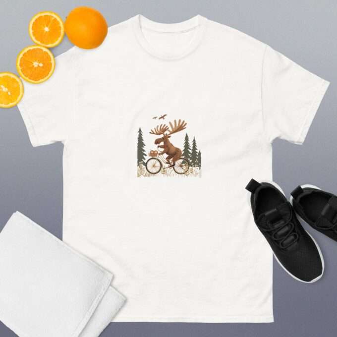 Moose Riding Bicycle Shirt – Quirky Unisex Screen-Printed Tee - Image 4