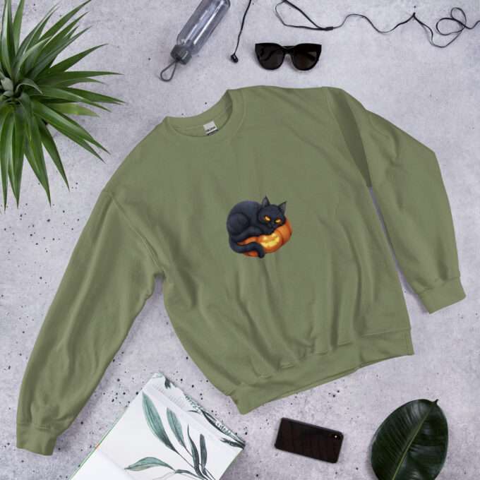 Black Cat On Pumpkin Sweatshirt ,Halloween apparel Unisex Sweatshirt - Image 2