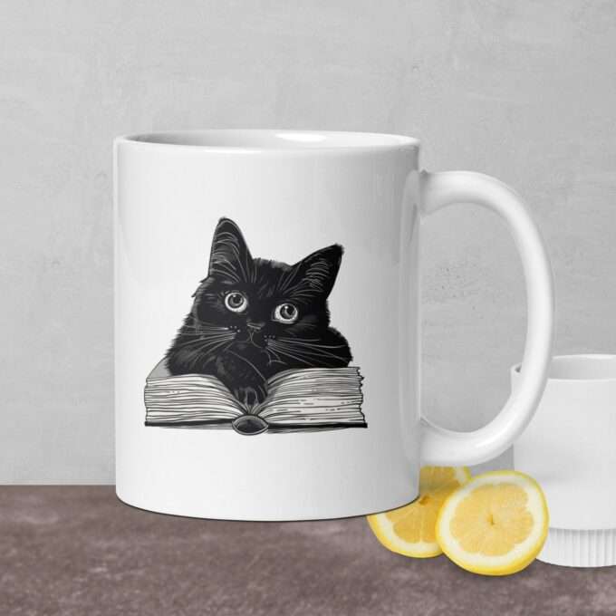 Black Cat Coffee Cup Gothic cat mug Halloween coffee mug Cat lover gift White glossy mug