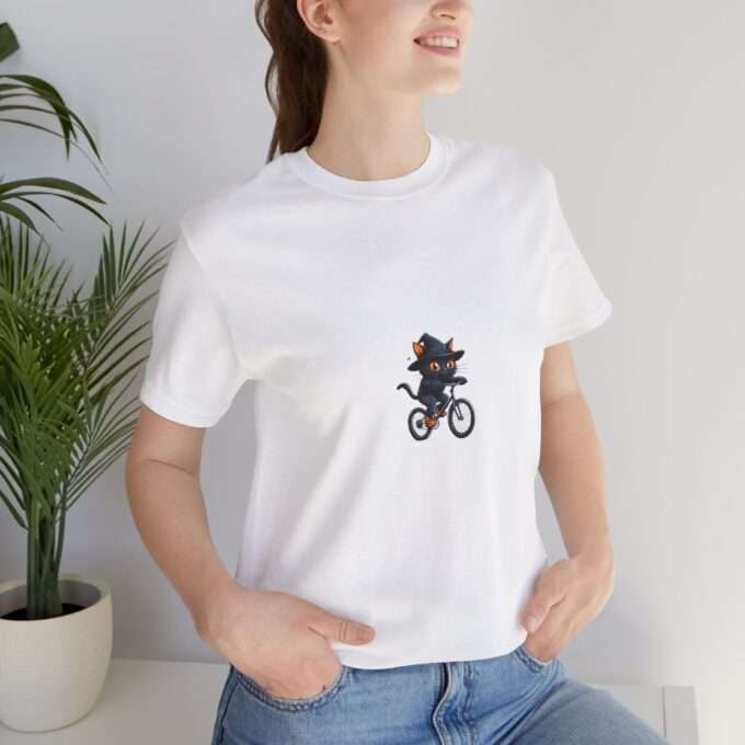 Black Cat Shirt, Halloween Black Cat Riding Bicycle Shirt, Unisex Short Sleeve Tee - Image 4