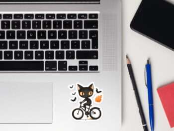 Gothic black cat sticker Halloween cat sticker Gothic decor stickers Cat riding bicycle sticker Halloween sticker