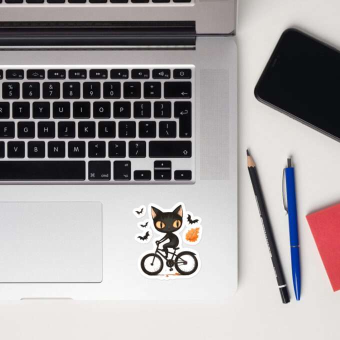 Gothic black cat sticker Halloween cat sticker Gothic decor stickers Cat riding bicycle sticker Halloween sticker