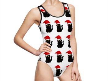 Gothic cat Christmas swimsuit Women’s one-piece holiday swimwear Unique gothic swimwear Dark Christmas fashion