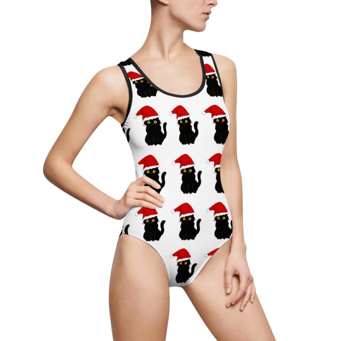 Gothic cat Christmas swimsuit Women’s one-piece holiday swimwear Unique gothic swimwear Dark Christmas fashion