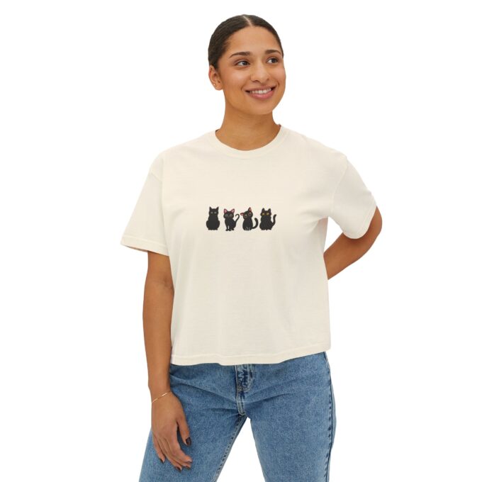Black cat Christmas tee Festive women's boxy tee Cat lover holiday apparel Holiday fashion gift