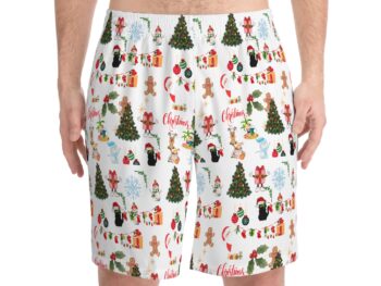 Gothic Christmas beach shorts Black cat holiday shorts Christmas gift for cat lovers Men’s gothic beach shorts Festive beachwear for men