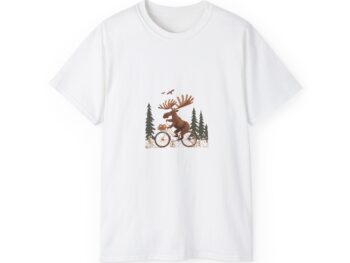 Christmas unisex t-shirt Holiday graphic tee Deer riding bicycle shirt Festive holiday clothing