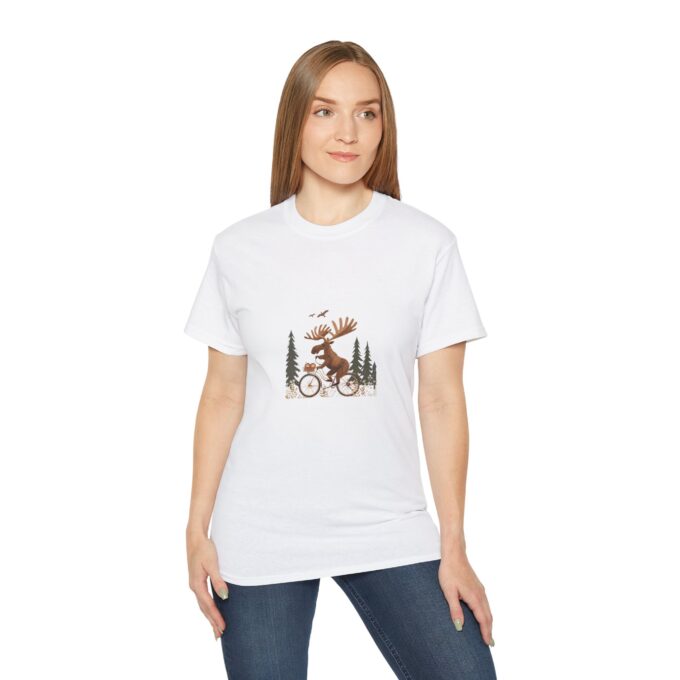 Moose Riding Bicycle Christmas Unisex T-Shirt - Image 3