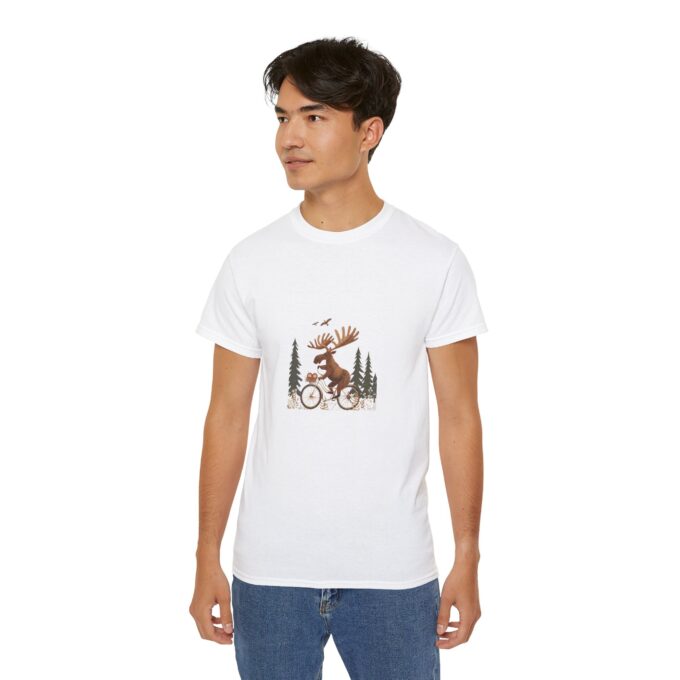 Moose Riding Bicycle Christmas Unisex T-Shirt - Image 4