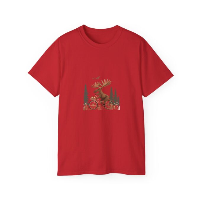 Moose Riding Bicycle Christmas Unisex T-Shirt - Image 16