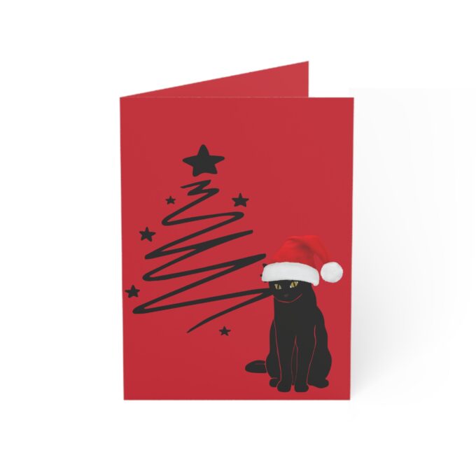 Santa Cat Christmas Card - Xmas Hat Blank Season's Greetings - Alternative Spooky Gifts - Goth, Emo, Creepmas, Witch Familiar